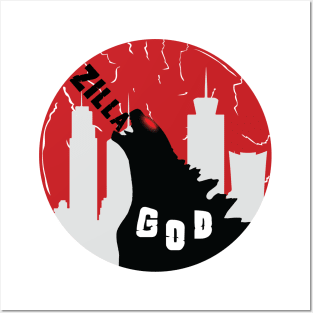 Angry Godzilla With Red Japanese Flag Posters and Art